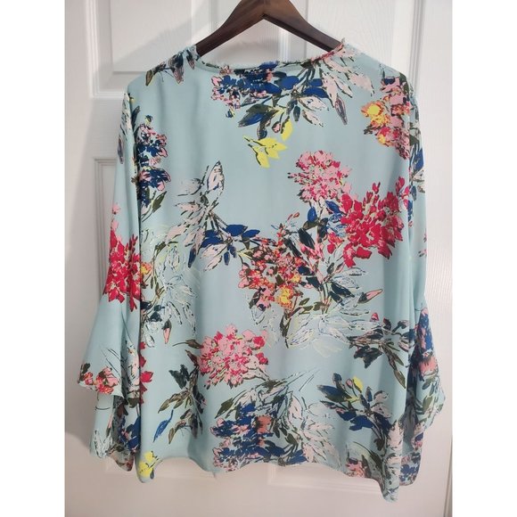 RACHEL Rachel Roy Womens Plus Size Light Teal Floral Frill Sleeve Blouse Sz 22W - Picture 4 of 4